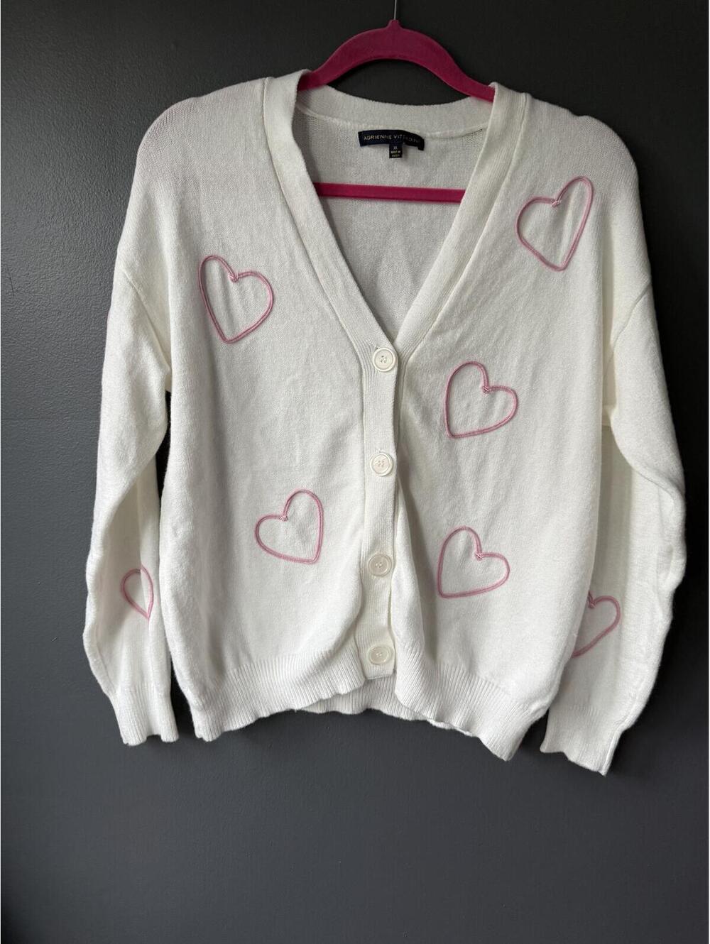 Adrienne Vittadini XL White Cardigan with Pink Heart Embroidery